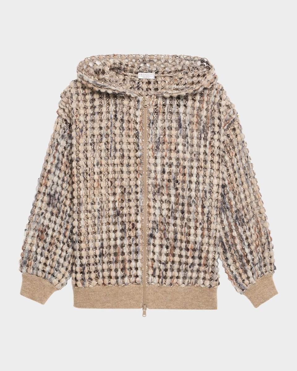 Pailette Wool-Cashmere Net Balloon-Sleeve Zip Hoo